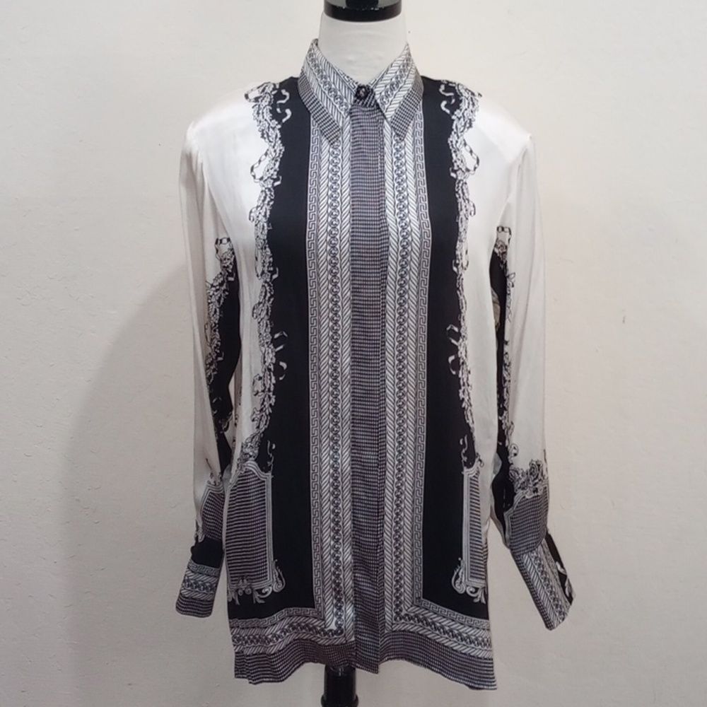 Massardi Gold Label Black And White Scarf Print Silk Blouse ~ S ~ Vintage 90s!